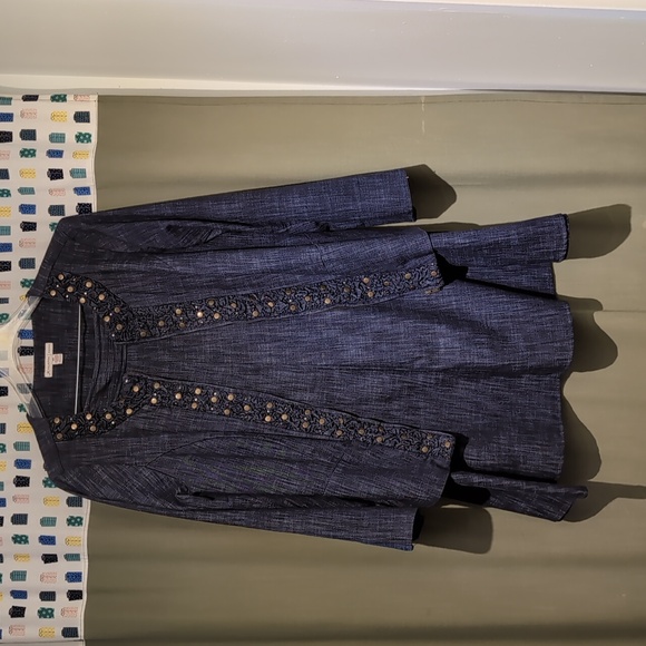 Denim look flared skirt suit w brass hardware - Picture 1 of 4